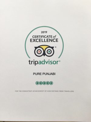 Pure Punjabi Trip Advisor Certificate of Excellence 2019