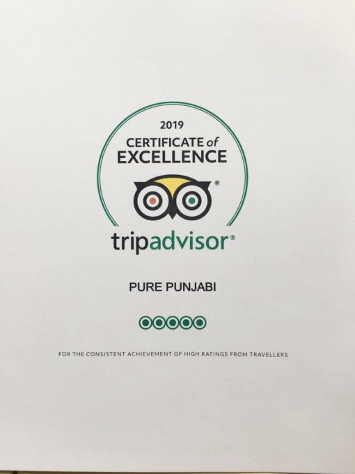 Pure Punjabi Trip Advisor Certificate of Excellence 2019