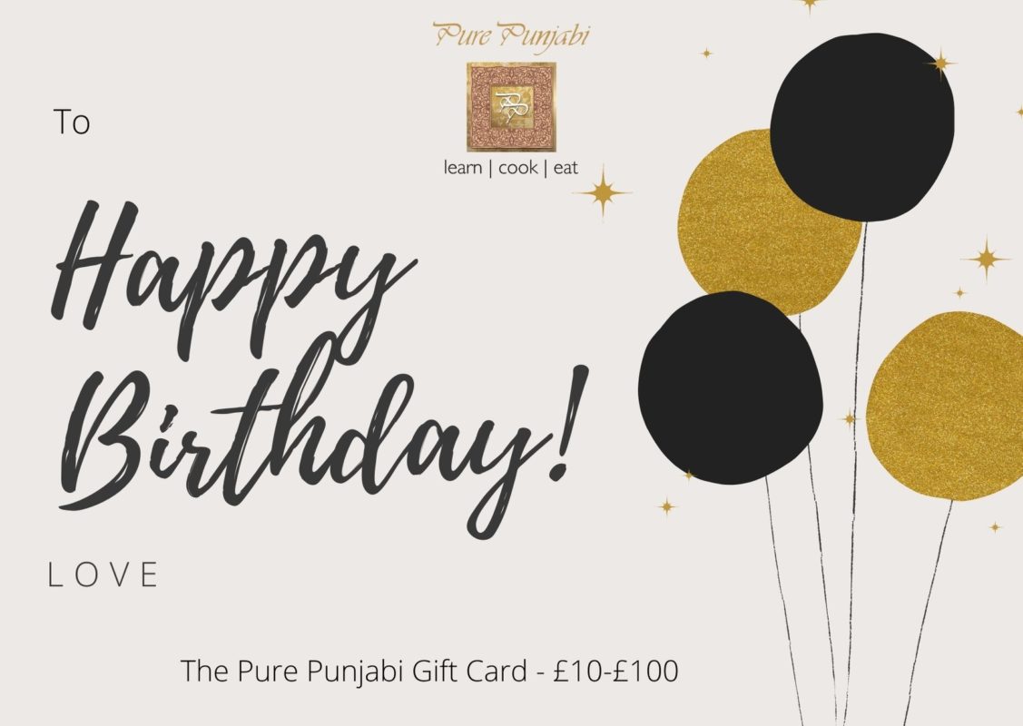 Pure Punjabi Happy Birthday cards -gold/black balloons £10-£100